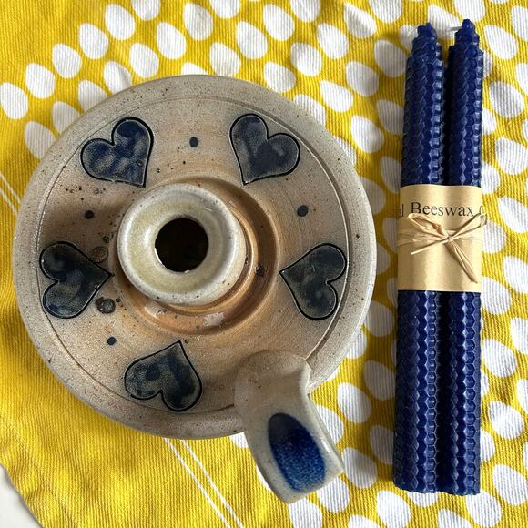 Rowe Pottery Chamber Candle Holder Blue Hearts and Beeswax Candles Countrycore - Picture 2 of 11